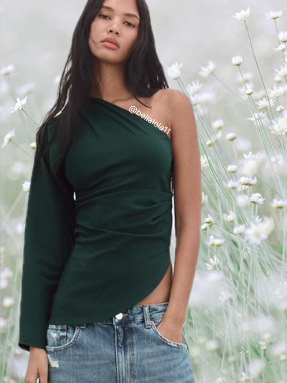 NEW ZARA ONE SHOULDER DARK GREEN TOP
